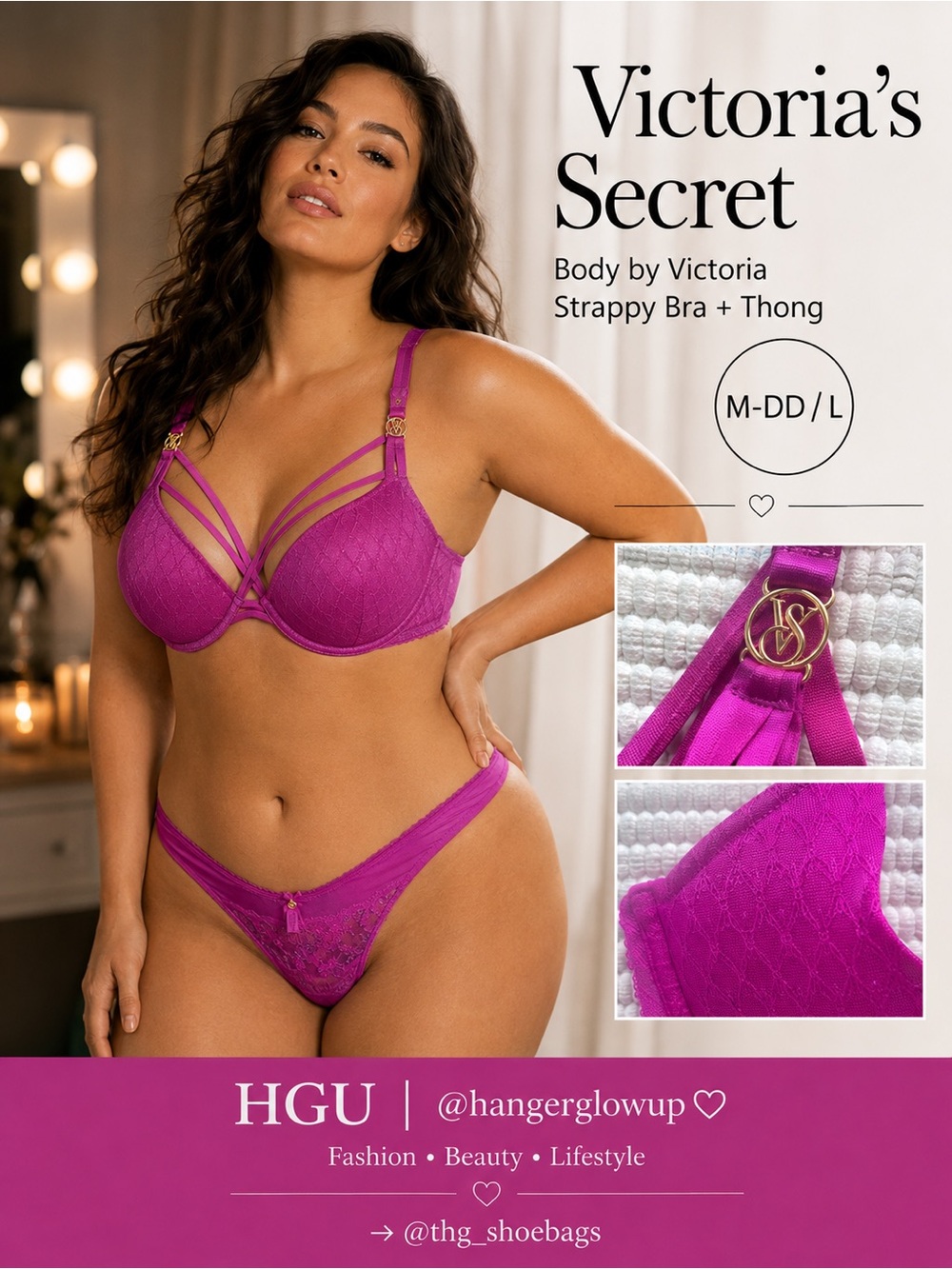 Victoria’s Secret Body by Victoria Strappy Bra + Thong Fuchsia NWT M-DD/L